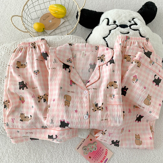 京濮飞甜美猫咪短袖睡衣三件套棉纱布家居服春夏秋 云朵棉-9905#黑爱心三件套 M 【建议75-100斤】