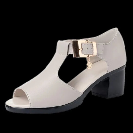 啄木鸟鱼嘴凉鞋女春夏季新款罗马女士粗跟鞋百搭中跟粗软皮中年妈妈鞋子 黑色 35