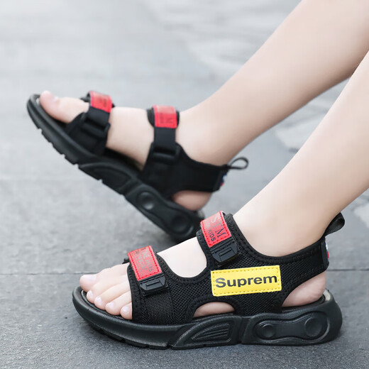 Boys Sandals Summer New Children's Sports Anti-Slip Beach Shoes Medium and Large Boys Soft Bottom Sandals Summer Style TX155 Black Red 34
