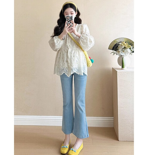 Geman Maternity Clothes Spring and Autumn Clothing Tops Fashionable Age-reducing Belly Covering Maternity Clothes Doll Shirts Loose Little People Autumn Shirts Apricot Tops + Blue Jeans 2XL