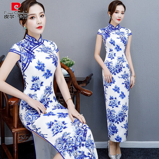Pierre Cardin new Chinese blue and white porcelain cheongsam dress long 2025 new improved catwalk performance young style high-end temperament Blue Qing CX0033 XL double-layer fabric, soft, comfortable and smooth