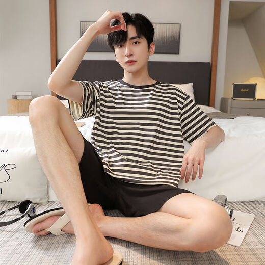 珍韵缘男士睡衣夏季短袖夏款莫代尔薄款青少年可外穿夏天款家居服套装 6198蓝莫代尔套装 均码 L100120斤