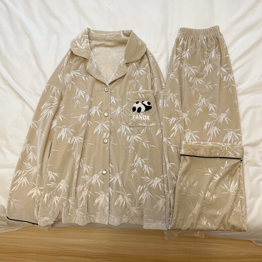 FHHUABD-Sensual Gold Samt-Pyjamas für Frauen im Frühjahr, Herbst und Winter Internet Promi Panda Feste Farbe Korallenmille