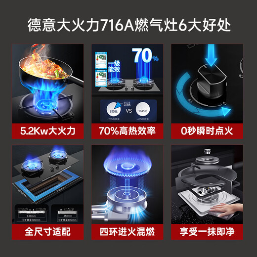 德意（DE&E）燃气灶 钢化玻璃 双眼灶具 5.2kW大火力 高热效率 全尺寸适配嵌入式灶具JZT-716A（天然气）