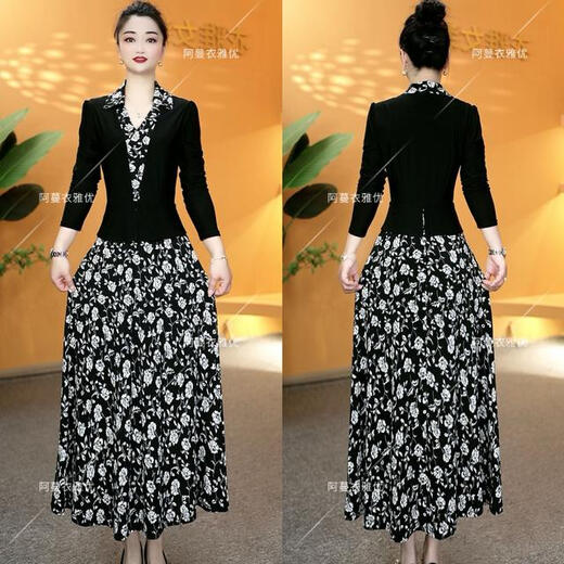 Yiya carefully selects 8124-1477# New Ice Silk Stretch Satin Lapel Fake Two-piece Temperament Dress XL (90-105Jin Jin is equal to 0.5kg)