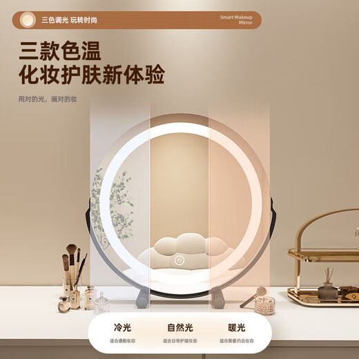 Perfeden Bedroom Mirror HD Smart Makeup Mirror with Light LED Dressing Mirror Desktop Rechargeable Desktop Dressing Table Makeup Mirror Beauty Makeup Mirror/Beauty Mirror Desktop Cylindrical Mirror Fashion White Diameter 50cm (Rechargeable Model)