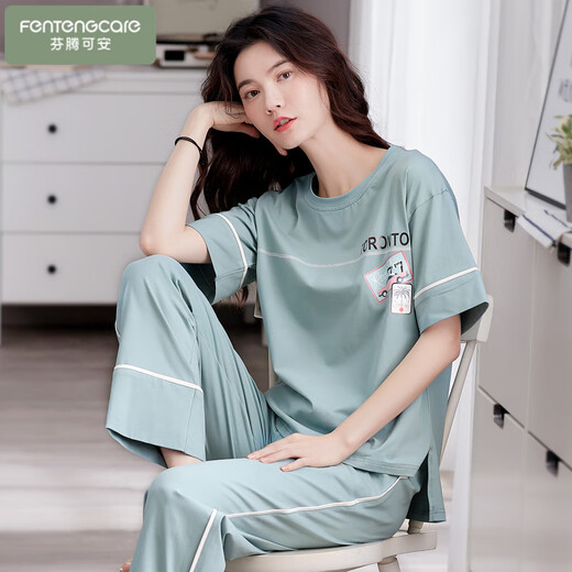 Langsha pajamas for women in summer 2025 new pure cotton thin loose home clothes short-sleeved trousers casual and can be worn out for 7371 M [recommended 80-105Jin [Jin equals 0.5 kg]]