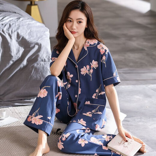 浪莎（LangSha）2025年新款睡衣女式夏季短袖长裤翻领开衫中年妈妈家居服可外穿 PDDQ9928 M 【建议80-105斤】】