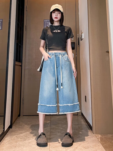 Jingluoya Fat mm Large Size Denim Cropped Pants Women's Medium Pants Summer Thin Wide Legs Loose Tight High Waist Slimming 200 Jin Jin equals 0.5 kg 6629 Blue Cropped Jeans 4XL Recommended 161 Jin Jin equals 0.5 kg -180 Jin Jin equals 0.5 kg