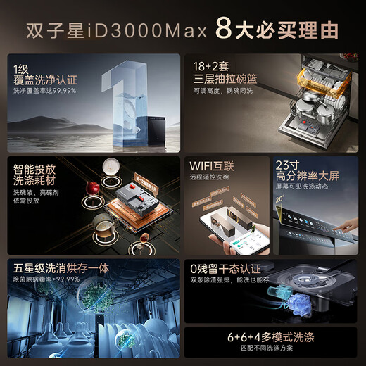 VATTI Small UFO Max Double Star Embedded Dishwasher 18+2 Sets Large Capacity Global Washing Independent Disinfection Intelligent Disposal Five-Star Disinfection First-Class Water Efficiency D3000Max 18+2 Sets iD3000Max