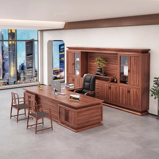 Ningqiu Luoge (NICHLORT) new Chinese style desk boss desk solid wood CEO office atmosphere high-end ebony wood executive desk bookcase combination 3.2 meters boss desk ash wood