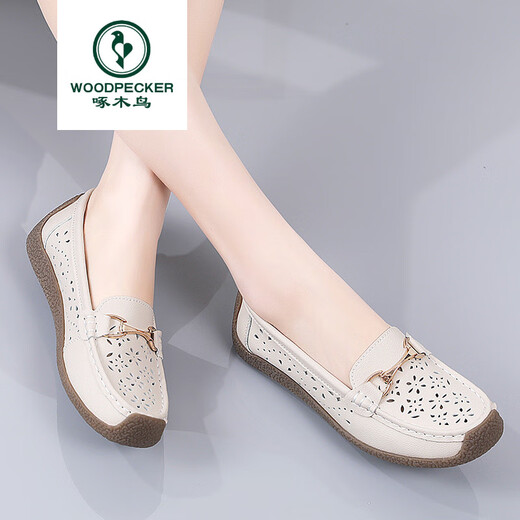 Woodpecker spring and summer new casual shoes genuine leather bean shoes women's shoes summer sandals flat breathable hollow soft sole shoes 826 beige hollow 35