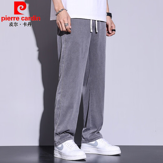 
Pierre cardin summer thin Tennis knitted jeans for men loose straight-leg casual wide-leg pants for men ultra-thin ice silk trendy brand 1048 black-HJ 2XL