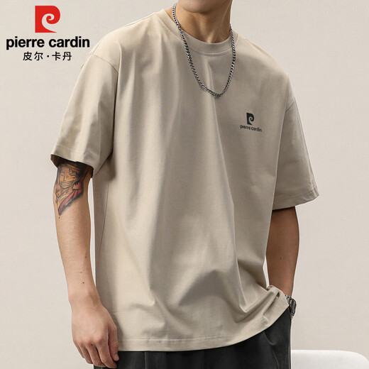 皮尔卡丹（pierre cardin）短袖男夏季重磅纯棉T恤男士宽松休闲透气半袖男装 杏色 XL