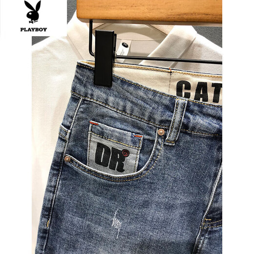 
Playboy 2023 summer denim mid-pants printed trendy brand retro nostalgic washing Korean style slim five-point pants D9901 blue five-point shorts 28