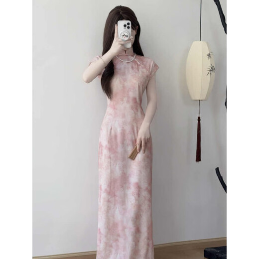 
DanZhuNa new Chinese dress women's 2025 summer new style improved national style girl cheongsam modified skirt summer 9710 pink cheongsam (no accessories) S