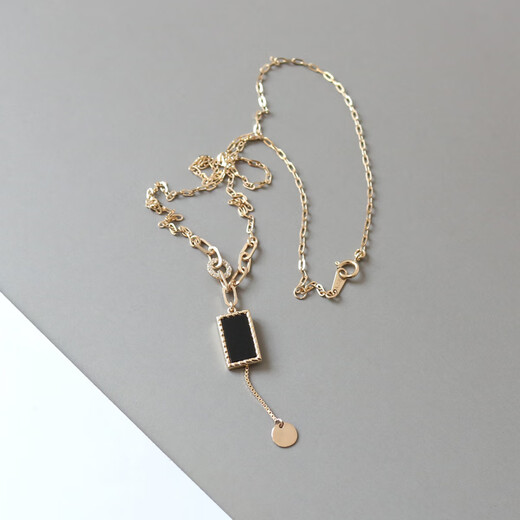 Chishe Versatile Fashionable Tassel Korean 14K Gold Necklace Women's Donut Square Black Agate K Gold Clavicle Chain Full Length 42cm