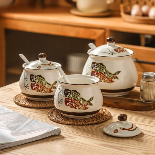 Dingdan ceramic lard jar household kitchen seasoning utensils seasoning jar high temperature resistant seasoning box chili oil jar seasoning salt jar carp small - hole lid (with spoon)