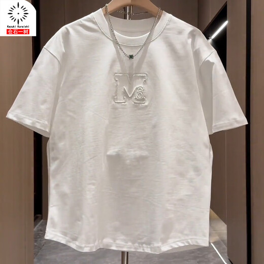 仓石一树潮牌字母刺绣短袖T恤2026男士痞帅简约时尚宽松百搭上衣  白色 XL