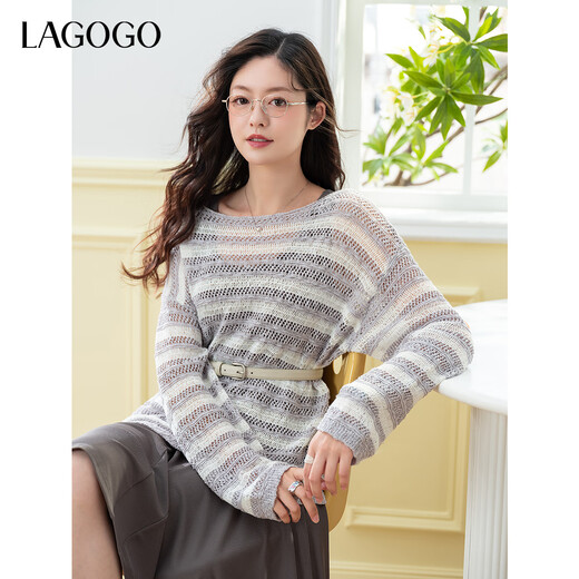 lagogo拉谷谷2025年新款条纹舒适显瘦连衣裙两件套女OALL832W06 灰色 M