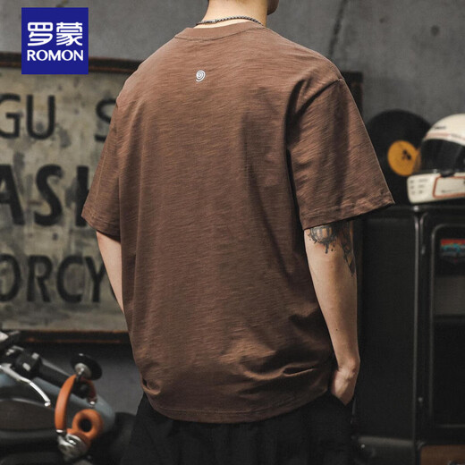 罗蒙（ROMON）美式复古短袖男夏季重磅竹节棉t恤设计感百搭宽松体恤刺绣上衣潮 卡其色 重磅230克 XL 140-160斤