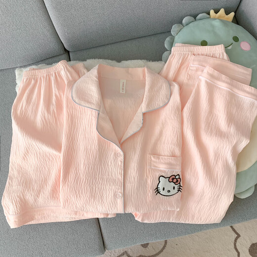 纪娅芙日系HelloKitty纱布睡衣女夏款短袖2025新款夏季家居服三件套 云朵棉-J9901#乐园小狗三件套 M 【建议75-100斤】