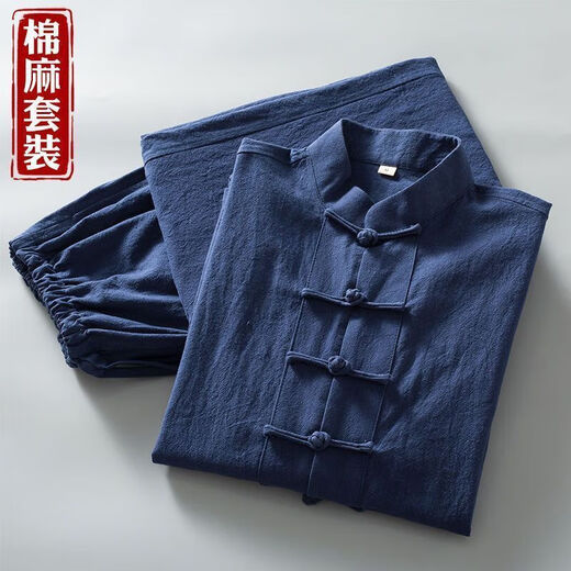 Zuosike Chinese style men's Tang suit women's Spring and Autumn Tai Chi practice Buddhist Zen Buddhist style tea clothes Han cotton linen retro stand-up collar plate linen five-button suit 3XL recommended 135-150 Jin Jin equals 0.5 kg