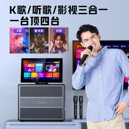 SANSUI Home KTV Audio-Set Singing Home Outdoor Square Dance Video Audio Verstärker Karaoke All-in-One-Maschine K Song Spezialausrüstung Desktop-Bluetooth-Lautsprecher Subwoofer E30+ Halterung Trolley-Tasche vier Bass 34 Lautsprecher