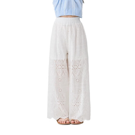 Moonkids Girls 'Hosen Sommer Dünne Kinderhöhle Spitze mit Weitbein-Hose Mädchen weißer Sommer 2025 Casual Straight Hosen zweiteiliger Set [15090 Weitbeinhosen + 9889 Kurzarm] 170 cm