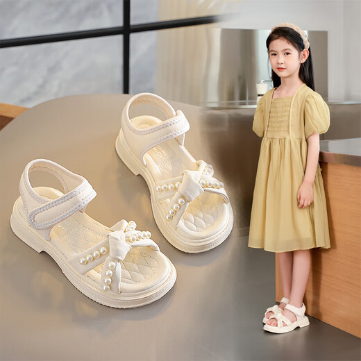 Girls Sandals Princess Shoes Soft Sole Baotou 2025 Summer New Mary Jane Lady Style Velcro Children's Sandals Off-White Size 37 Inner Length Approximately 23.1cm