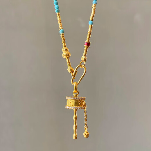 Allied gold six-word motto pendant for women new pure gold 999 turquoise necklace clavicle chain for girlfriend gold gold rotating turquoise necklace gold weight about 12