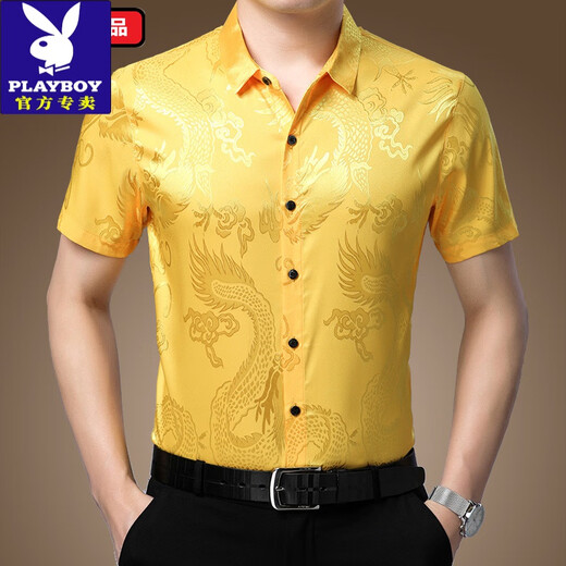 Playboy (Playboy) Dragon Patterm Pattern, вышитый ваточный шелковый шелк для летней рубашки с коротким рукавом с коротким рукавом большого размера.
