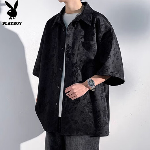 Playboy (PLAYBOY) short-sleeved shirt men's ice silk casual shirt men's summer high-end jacket men's trendy tops