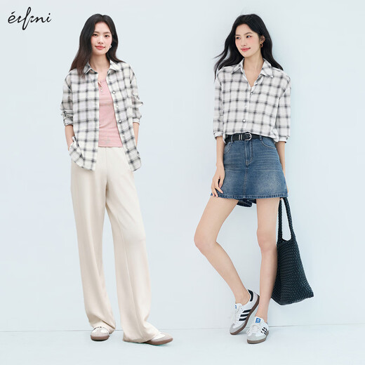 Eifini eifini 2025 summer new black and white plaid shirt for women, basic, easy to wear, versatile commuting long-sleeved top, white L