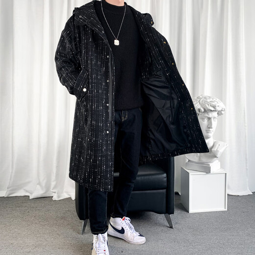 ROMON men's windbreaker mid-length black coat high-end coat business long autumn and winter men's black XL