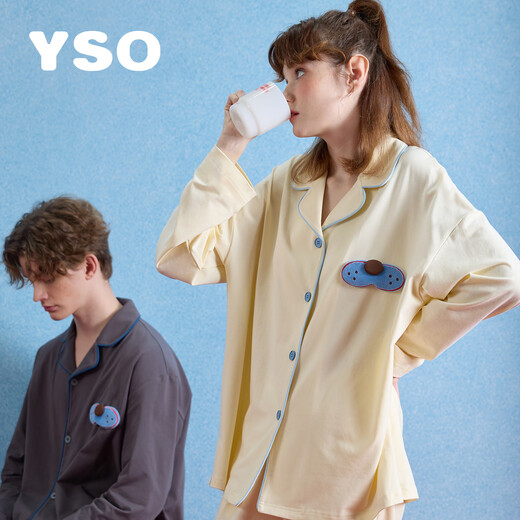 YSO Cool Cat Series Couple's Pajamas Spring and Autumn Style Can Be Weared Outside Home Clothes Set Dark Gray Men's Set M