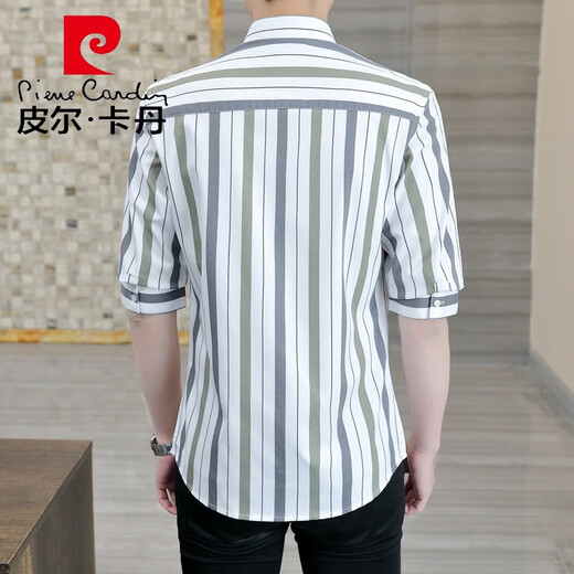 皮尔卡丹（pierre cardin）七分袖衬衫男短袖休闲修身夏季薄款半袖条纹衬衣潮流帅气中袖上衣 DC679卡其色 M 【建议90-110斤】