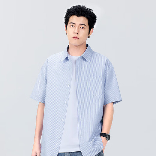 Miniso short-sleeved shirt men's summer Oxford striped shirt men's clothes casual lapel half-sleeved Z gray and white striped L Miniso short-sleeved shirt men's summer Oxford striped shirt men's clothes casual lapel half-sleeved Z gray and white striped L