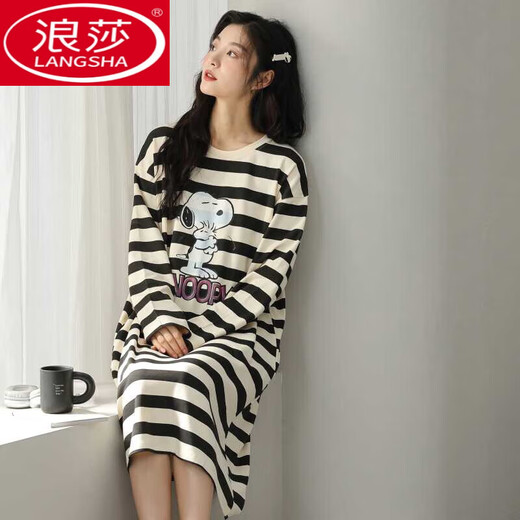 Langsha 2025 New Nightgown para mujeres en primavera y otoño El pijama de otoño de algodón de algodón de manga larga se puede usar en el exterior con ropa de casa a rayas W9766 Camillero de manga larga M 70-90Jin [Jin equivale a 0.5 kg]