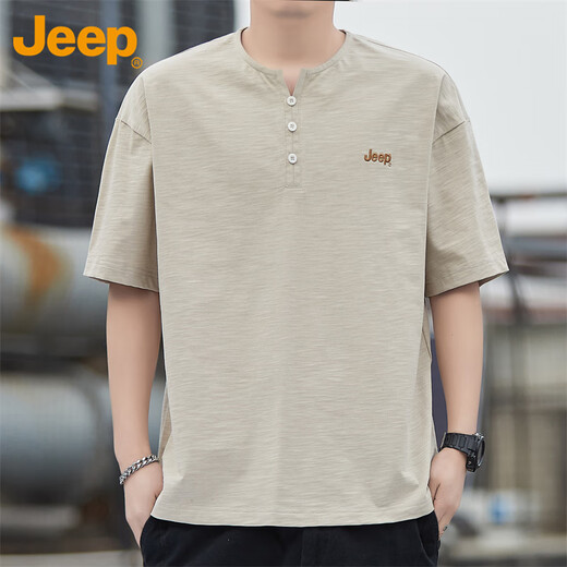 Jeep (JEEP) short-sleeved T-shirt men's summer loose breathable cool trendy cotton henley collar clothes men's Khaki XL
