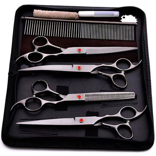 Beni pet pet scissors, grooming curved scissors, cat and dog pet shearing scissors, premium black and gray set of 5 pieces, 4 scissors, 1 comb