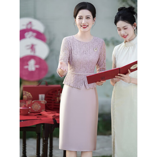 Saimandie's daughter's engaged mother's wedding dress, high-end light luxury young style cheongsam, wedding wedding dress, mother-in-law dress, purple pink, three-quarter sleeves, L recommended 100-110 Jin Jin equals 0.5 kg