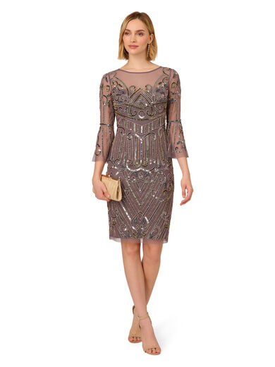 Adrianna Papell Women's Beaded Bell Sleeve Dress, Moonscape Moonscape 8
