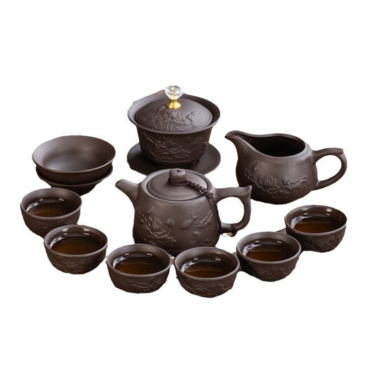 Jiangmingtang high-end purple sand embossed kung fu tea set set for gift giving to elders, leaders, customers, promotions, retirement and housewarming for colleagues, purple sand set-gift box style