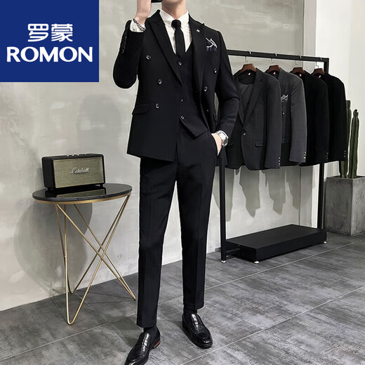 ROMON double-breasted suit men's suit wedding dress slim fit groom's suit men's Korean version trendy British style handsome off-white suit + pants + vest tie 3XL