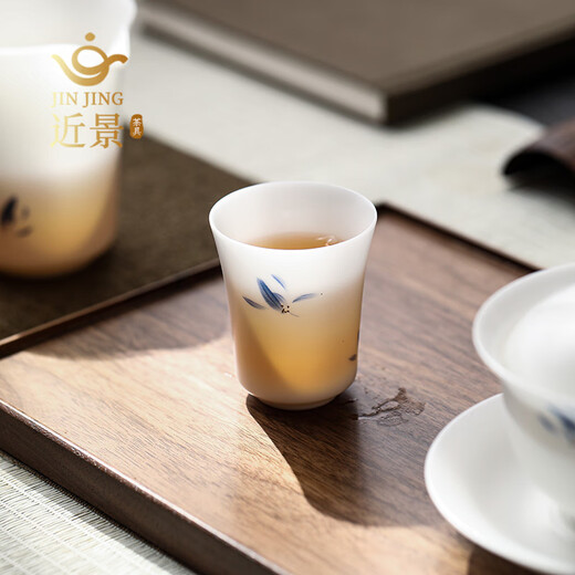 Close-up view of ice-burned orchid picture, jade porcelain Kung Fu tea set, household covered bowl, tea cup, light luxury complete tea set, ice-kind tea set (orchid picture)