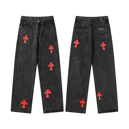 Crowxin offizieller 2025 Trendy Brand Cross Stickerei High Street Amerikanische vielseitige Männer und Frauen lose Jeanshosen gerade Hosen 9928 Black 9928 Black S