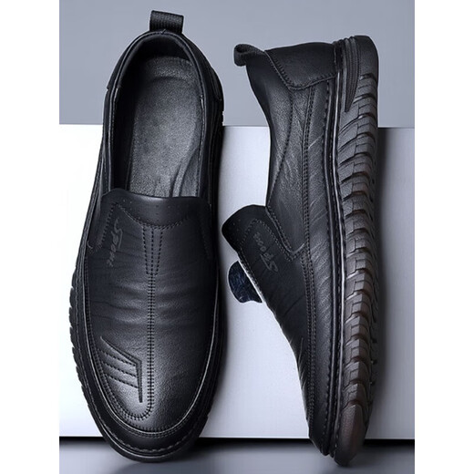 Men's genuine leather breathable business casual shoes tendon soft sole middle-aged and elderly dad shoes lazy leather shoes black 39