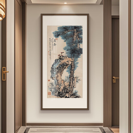Xuanmutang entrance decorative painting New Chinese style ink landscape painting hanging painting study living room tea room corridor aisle entrance landscape painting Zhang Daqian <Landscape Tune> Finished product width 70cm * height 140cm Indonesian Sapele (mortise and tenon rounded corners)