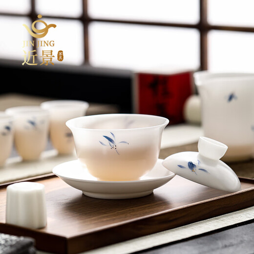 Close-up view of ice-burned orchid picture, jade porcelain Kung Fu tea set, household covered bowl, tea cup, light luxury complete tea set, ice-kind tea set (orchid picture)